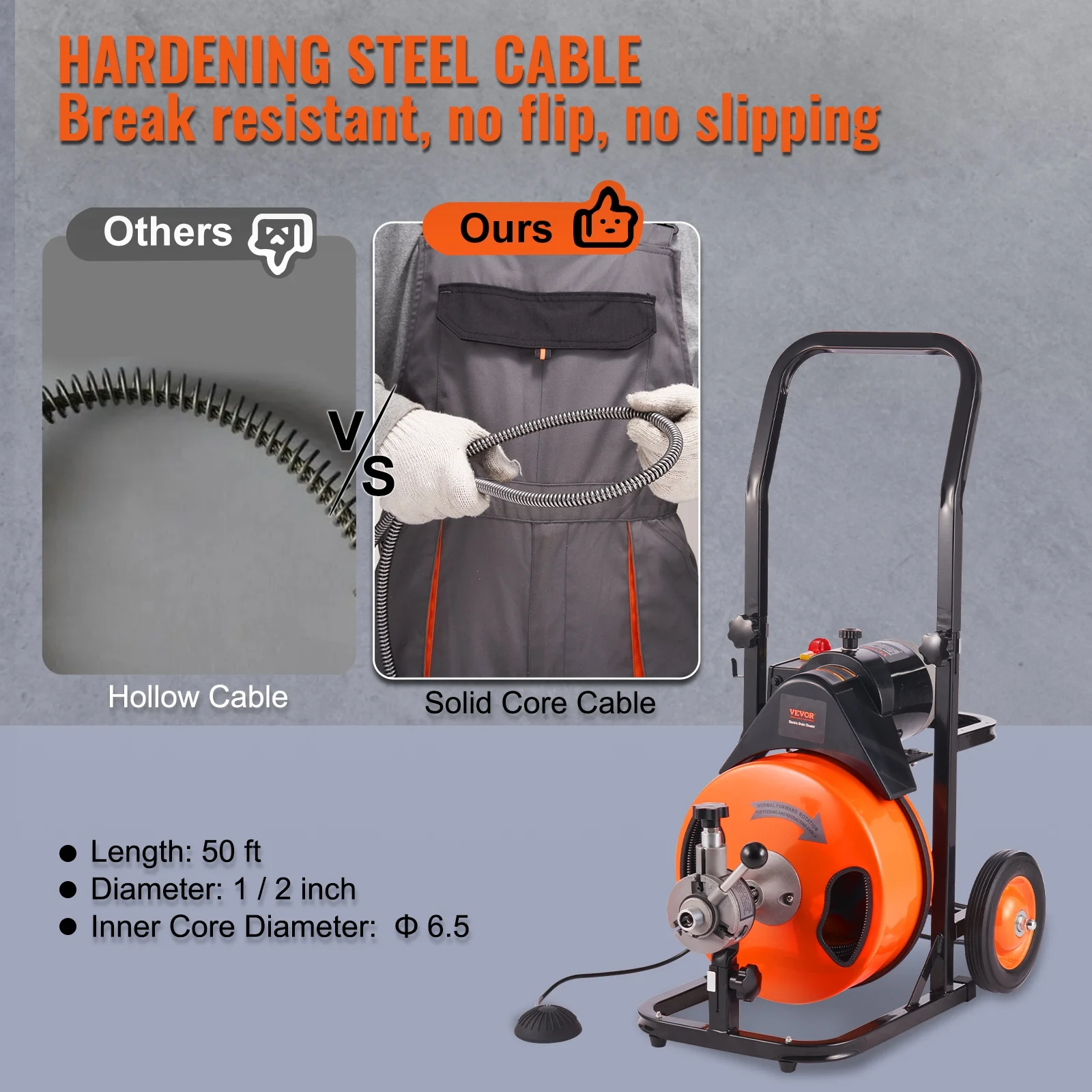 VEVOR Drain Cleaning Machine 50 FT x 1/2 Inch, Sewer Auger Auto Feed with 4 Cutter & Air-activated Foot Switch for 1" to 4" Pipes, Orange, Black