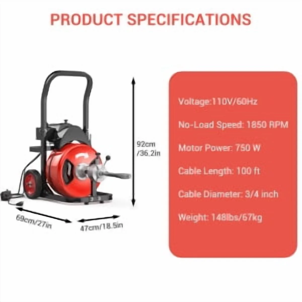 Drain Cleaner Machine 75Ftx1/2Inch,450W Portable Drain Cleaning Machine with 6 Cutters,Gloves,Portable Electric Drain Auger Cleaner for 2" to 4" Pipes