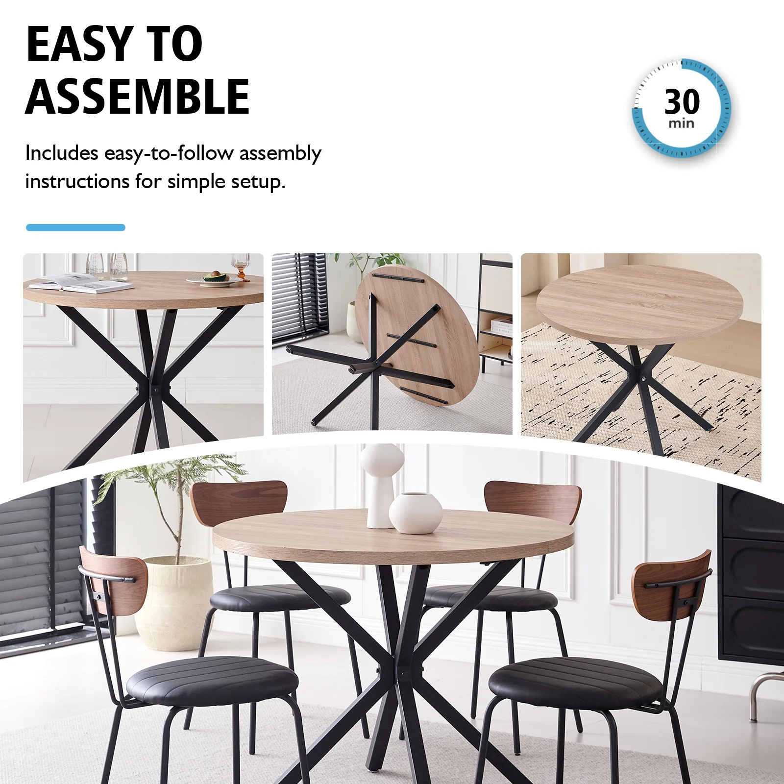 39- Round Dining Table, Modern Small Kitchen Table for 4 with X-Shaped Metal Legs and 1.2" Thickness Tabletop for Kitchen Dining Room, Coffee Table, Oak