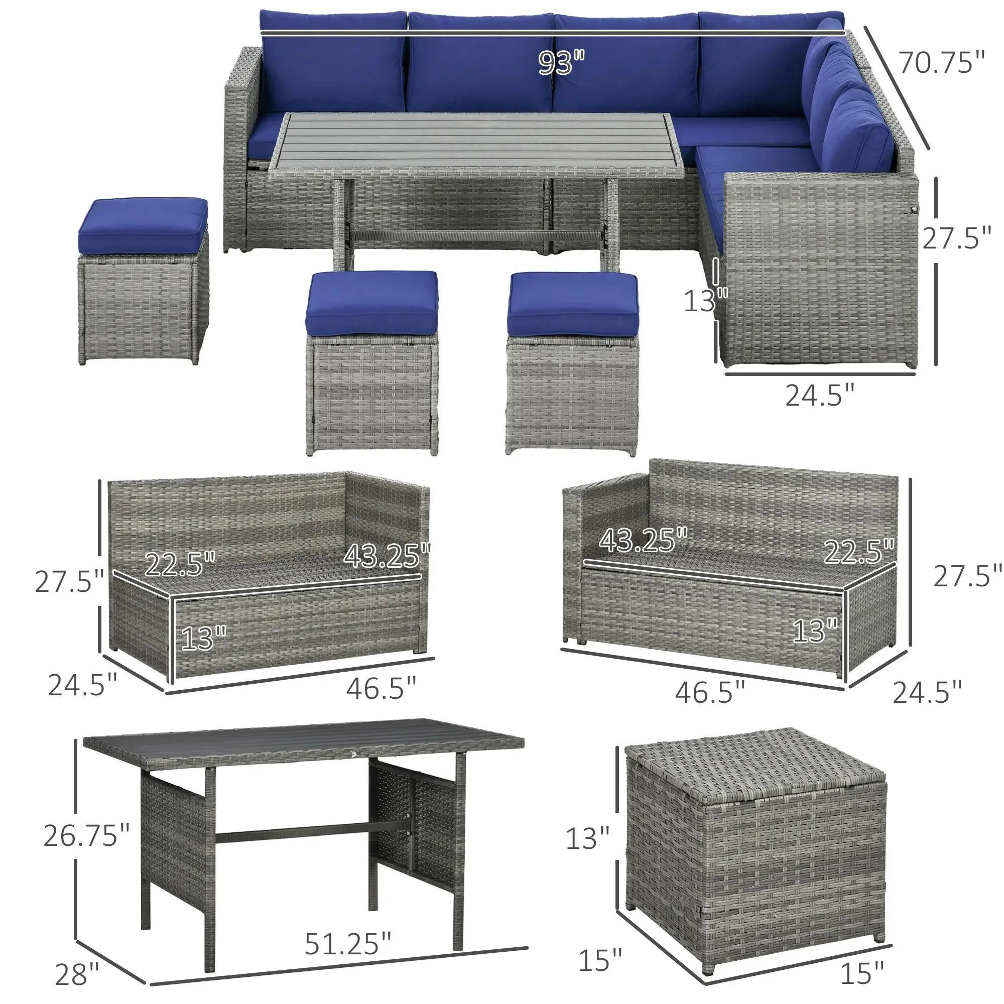 Resenkos Wicker Outdoor Patio Furniture Set, L-Shaped 7 Pieces Outdoor Dining Sectional Sofa, Gray