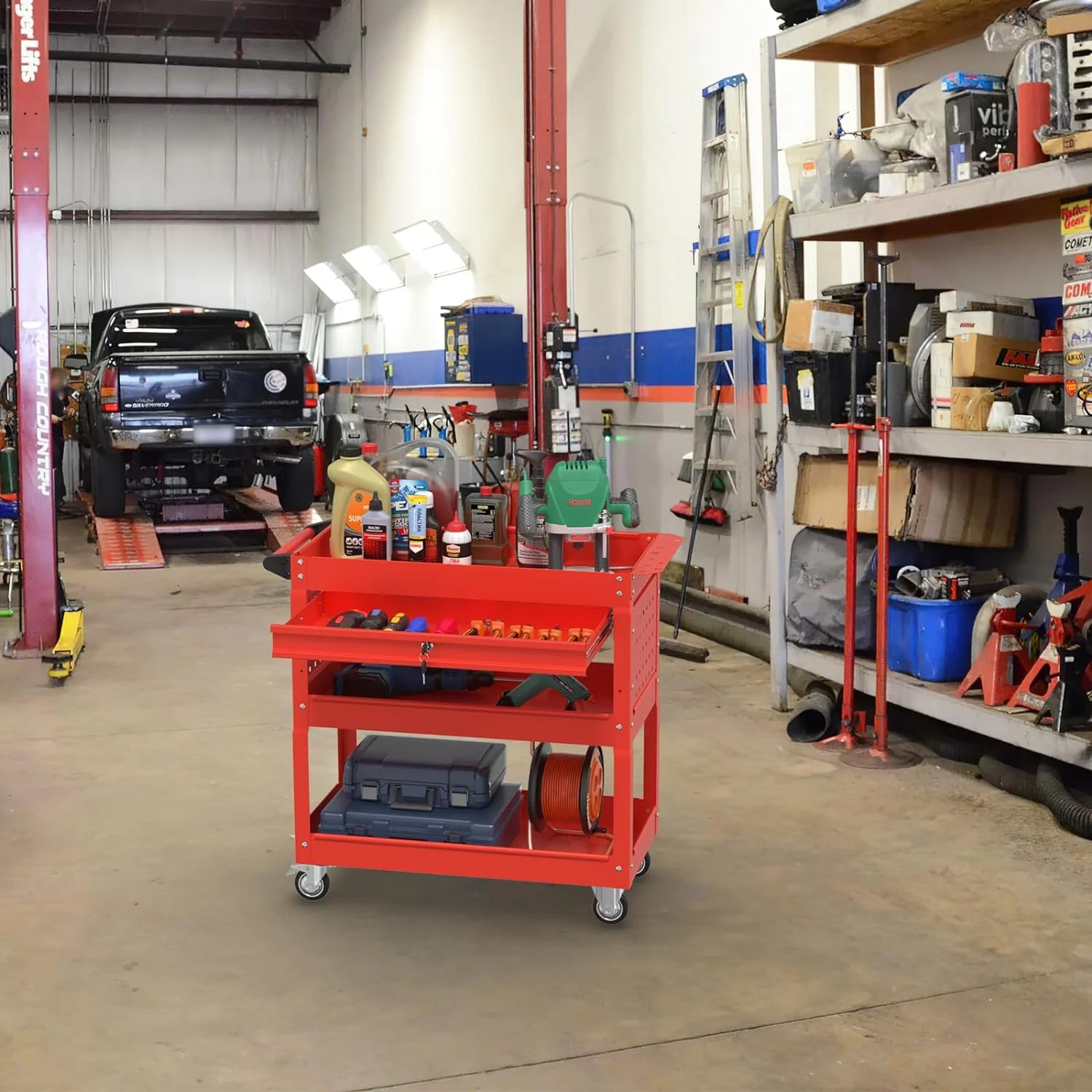 Odaof 4-Wheel Big Rolling Tool Storage Cart with Ball-Bearing Slides for Garage and Warehouse (Orange)