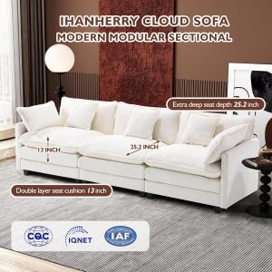 Ihanherry 146" U-Shaped Modern Sofa Modular Sectional Cloud Couch with 2 Ottoman, 6-Seat Chenille Deep Seat Sofa with 6 Pillows for Living Room, Bedroom and Apartment, Grey