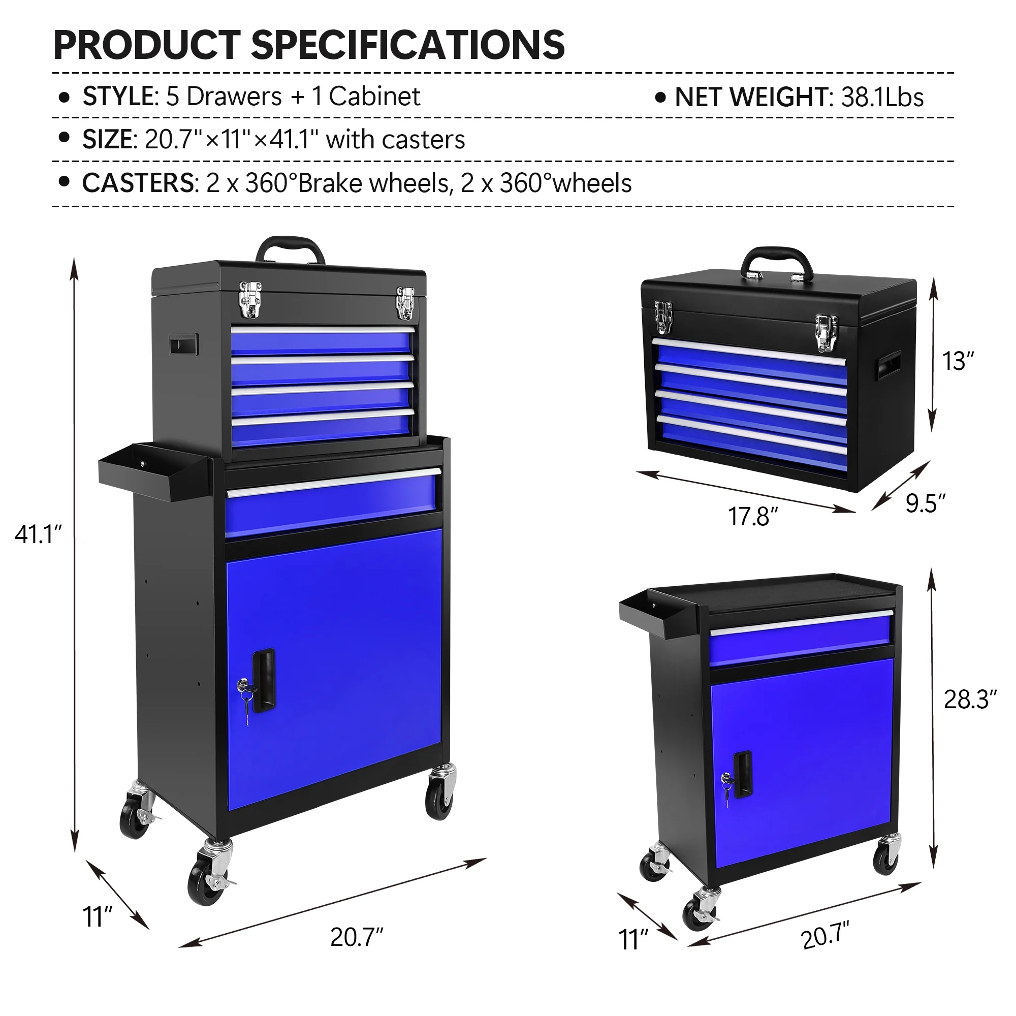 5-Drawer Rolling Tool Chest, High Capacity Tool Storage Cabinet W/Lockable Wheels