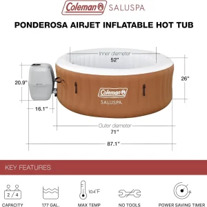 Coleman SaluSpa Miami AirJet 2 to 4 Person Round Inflatable Hot Tub Portable Outdoor Spa with 120 Soothing AirJets and Insulated Cover, Black