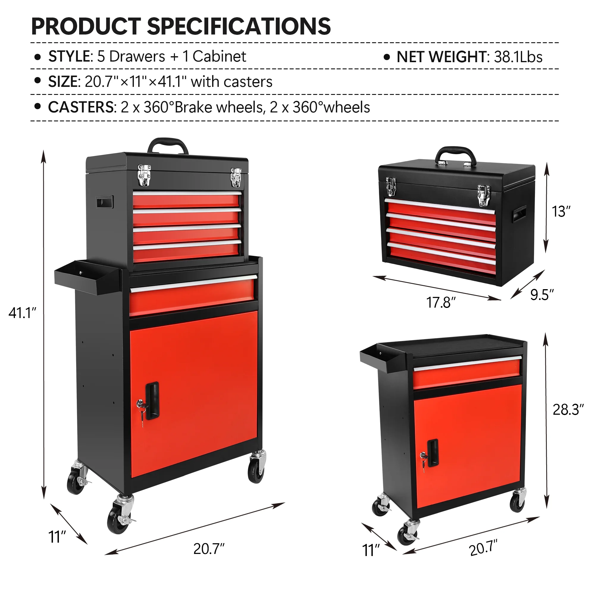 5-Drawer Rolling Tool Chest, High Capacity Tool Storage Cabinet W/Lockable Wheels