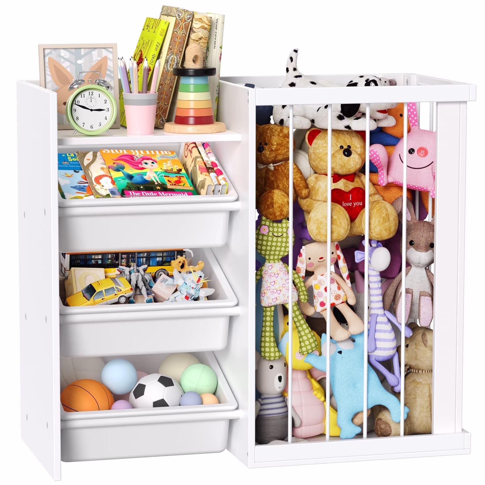 3-in-1 Kids Bookshelf and Stuffed Animal Storage with Corner Protectors , Can Fix it to The Wall, Durable Wood & Metal Storage for Bedroom & Playroom
