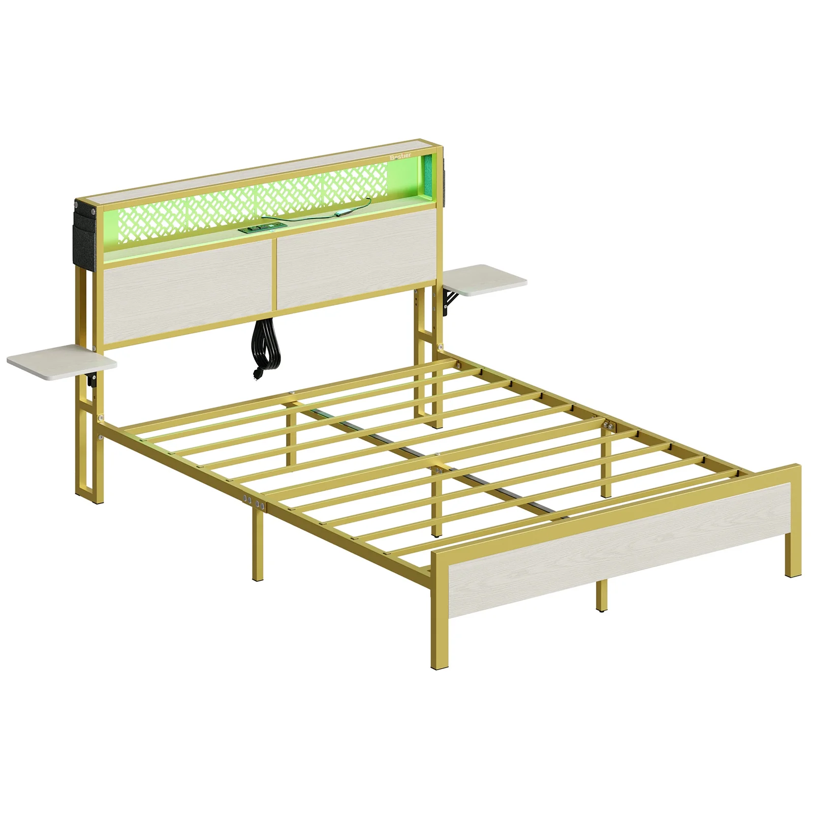 Bestier Queen Size Platform Bed Frame with Wood Foldable Bedside Shelves and LED Storage Headboard Charge Station, Gray