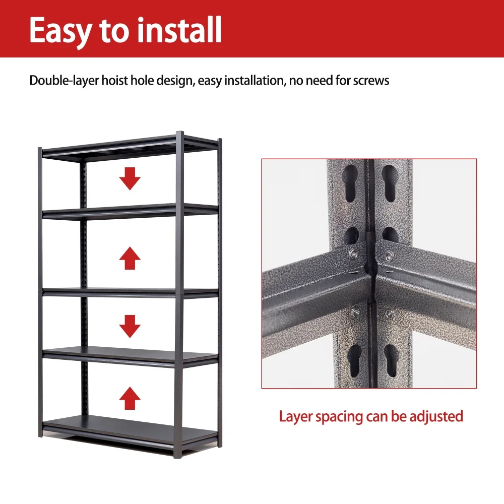 Black Heavy-Duty 5-Tier Metal Shelving Unit, 63"H with 2000LBS Capacity for Garage, Kitchen Storage -C Adjustable, Industrial Design