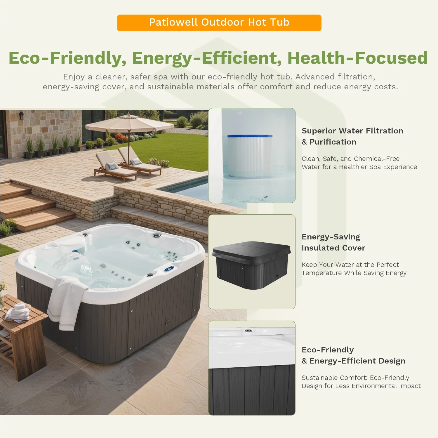 Patiowell 2 Person Home Spa Hot Tub for Outdoor, with 41pcs Massage Jets, LED lighting, Built-In Water Purification System, 900L, Black