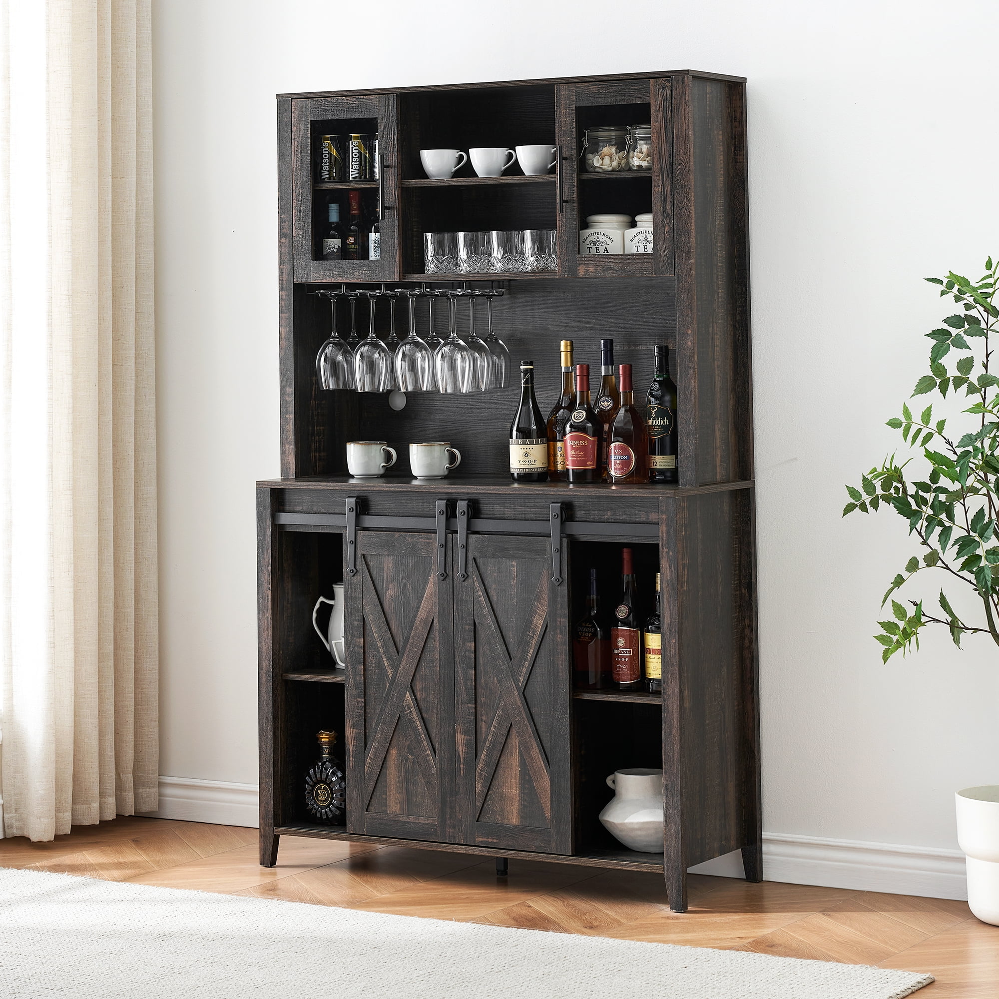 Farmhouse Bar Cabinet with Storage, Kitchen Buffet Cabinet with Sliding Barn Door and 3 Drawers, Coffee Bar with Wine and Glass Rack for Kitchen, Dining Room, White