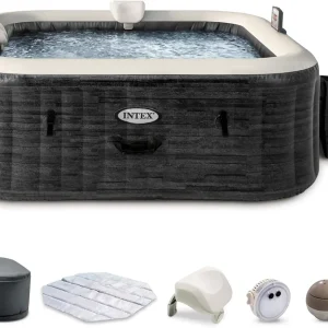 INTEX PureSpa Greystone Deluxe 4 Person Square Inflatable Hot Tub, Bubble Massage Spa
