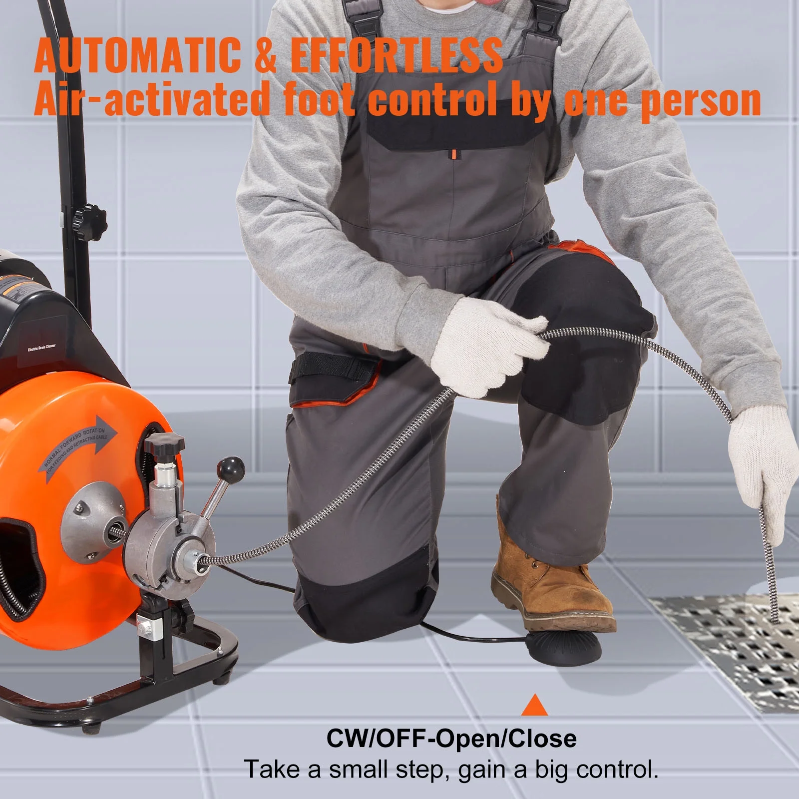 KFFKFF Drain Cleaning Machine 75FT x 3/8 Inch, Sewer Snake Machine Auto Feed, Drain Auger Cleaner with 4 Cutter & Air-Activated Foot Switch for 1" to 4" Pipes
