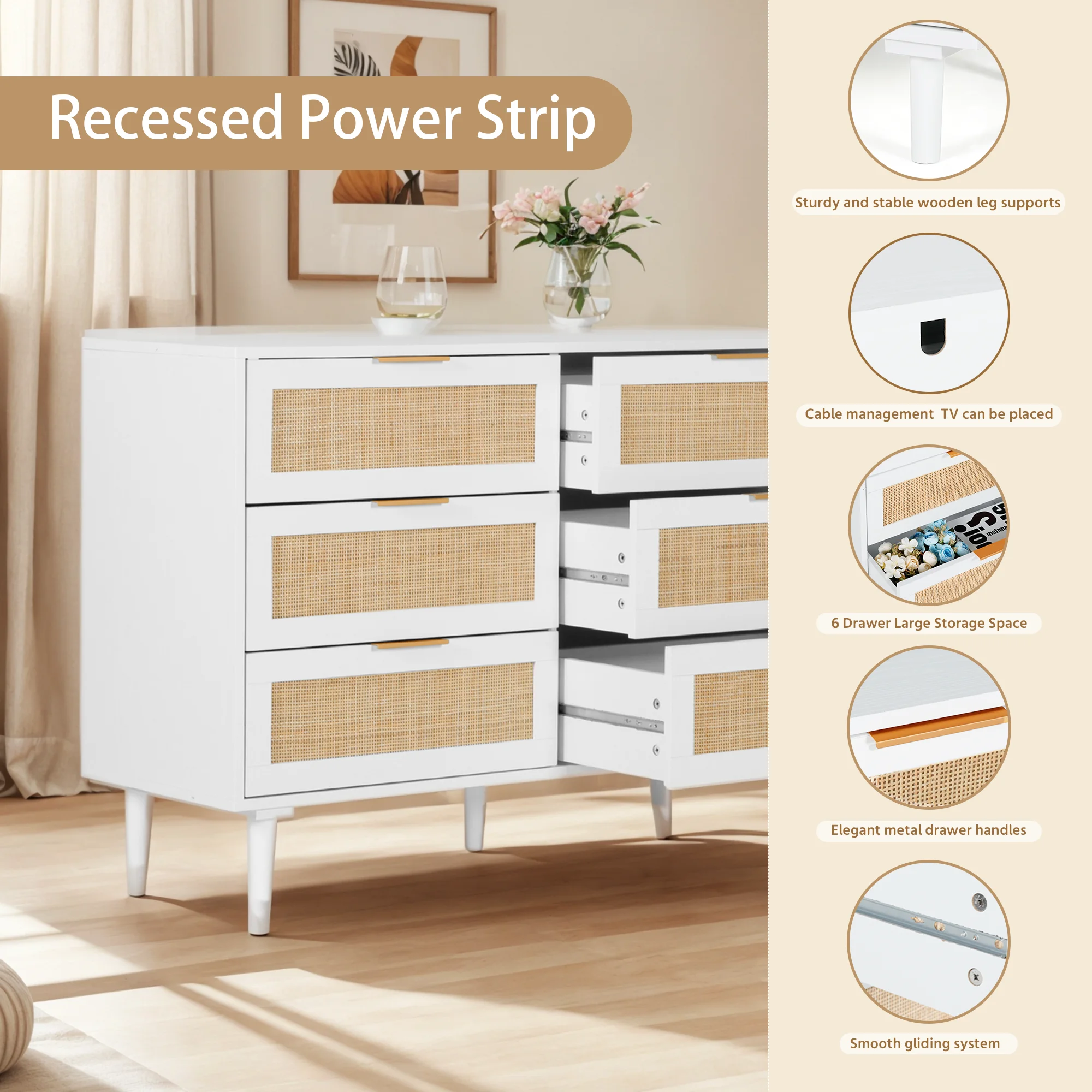 LAZZO 3 Modern Drawer Dresser Rattan, Wooden Dresser Chest of Large Storage Cabinet