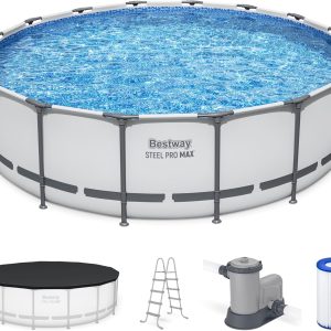 Steel Pro MAX 14 Foot x 48 Inch Round Metal Frame Above Ground Outdoor Swimming Pool Set with 1,000 Filter Pump, Ladder, and Cover, Gray