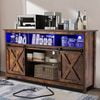 4 Layer Farmhouse Coffee Bar Cabinet With Power Outlet & LED Light, 57" Barn Door Buffet Cabinet Kitchen Storage With Adjustable Shelves(Brown)