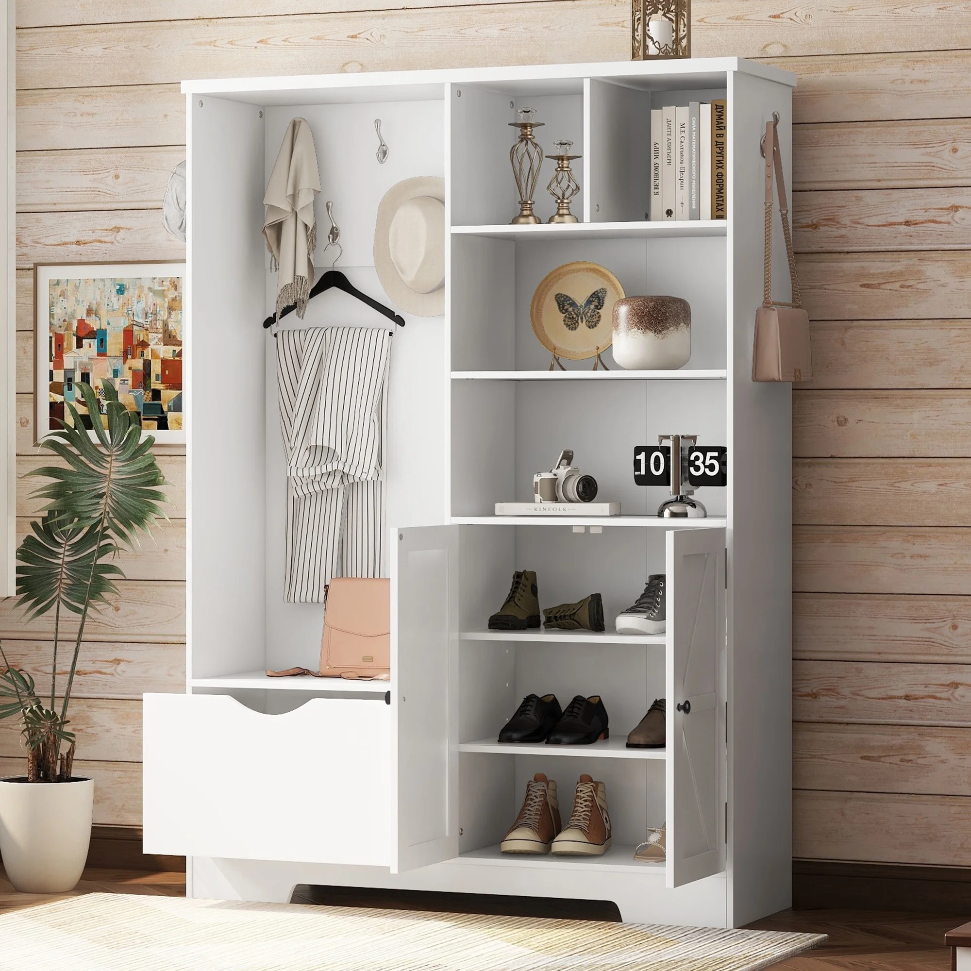 Bellemave 59"W Farmhouse Hall Tree with Storage Shelves and Shoes Rack Multi-functional Coat Rack with Hooks Entryway Shoes Storage Seating Bench Coat Hanger for Hallway (Black, With Shoes Rack)