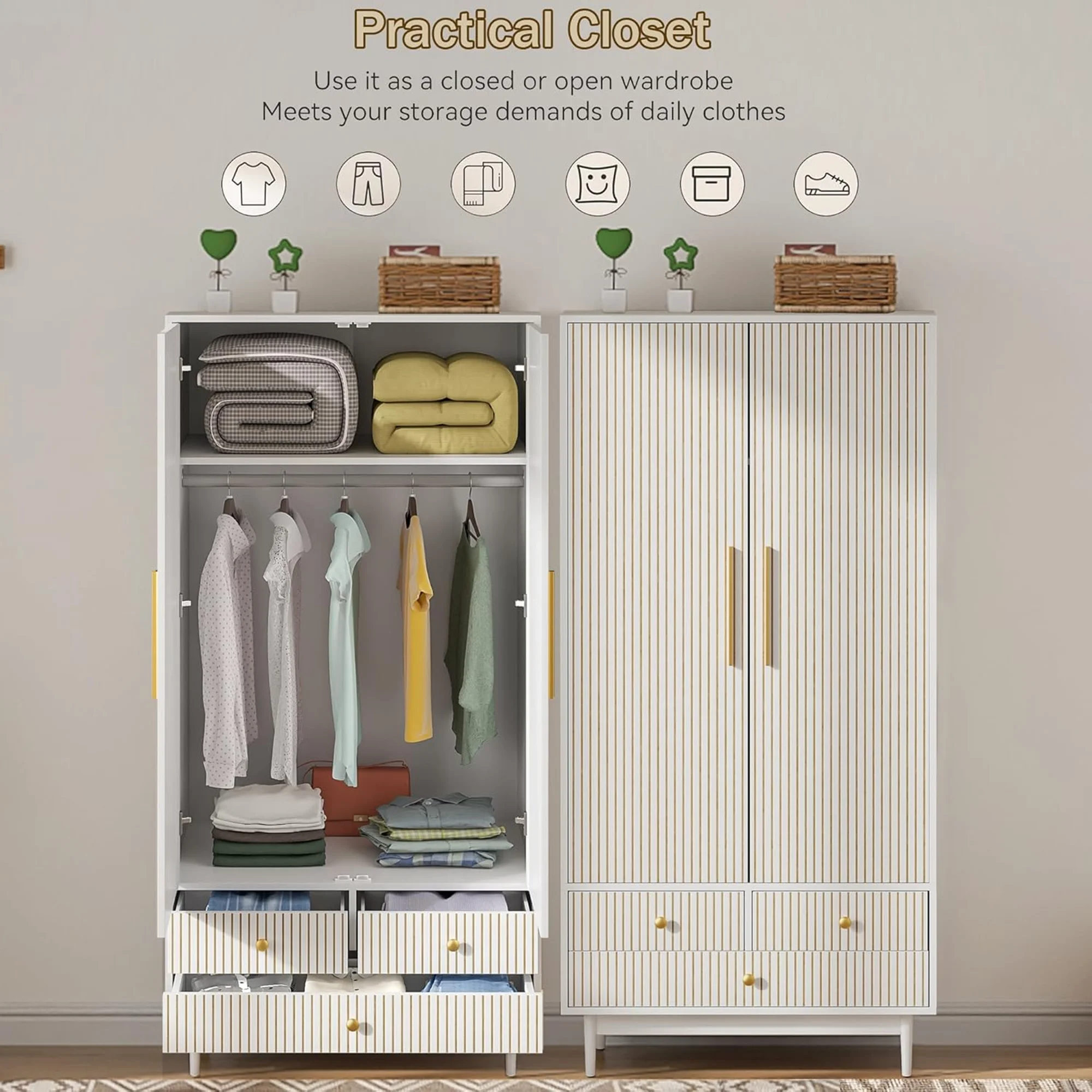 Oubayajia Wardrobe Armoire Closet, 2 Fluted Doors Wardrobe Cabinet with 3-Drawer and Hanging Rod, Wood Wardrobe Storage for Bedroom