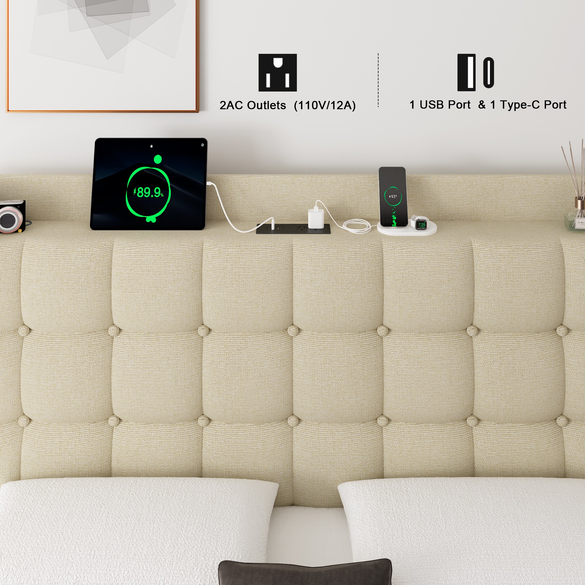 ipormis Full Size Bed Frame with Charging Station-Upholstered Platform Bed Frame with Wingback Storage Headboard, No Box Spring Needed,Light Grey