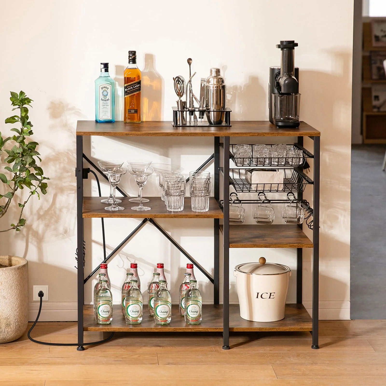Dinaza Baker's Rack with Power Outlet 4 Tier Microwave Stand with Kitchen Storage Shelf Rack Mug Holder 10 S-Shaped Hooks for Kitchen Living Room Coffee Bar Station