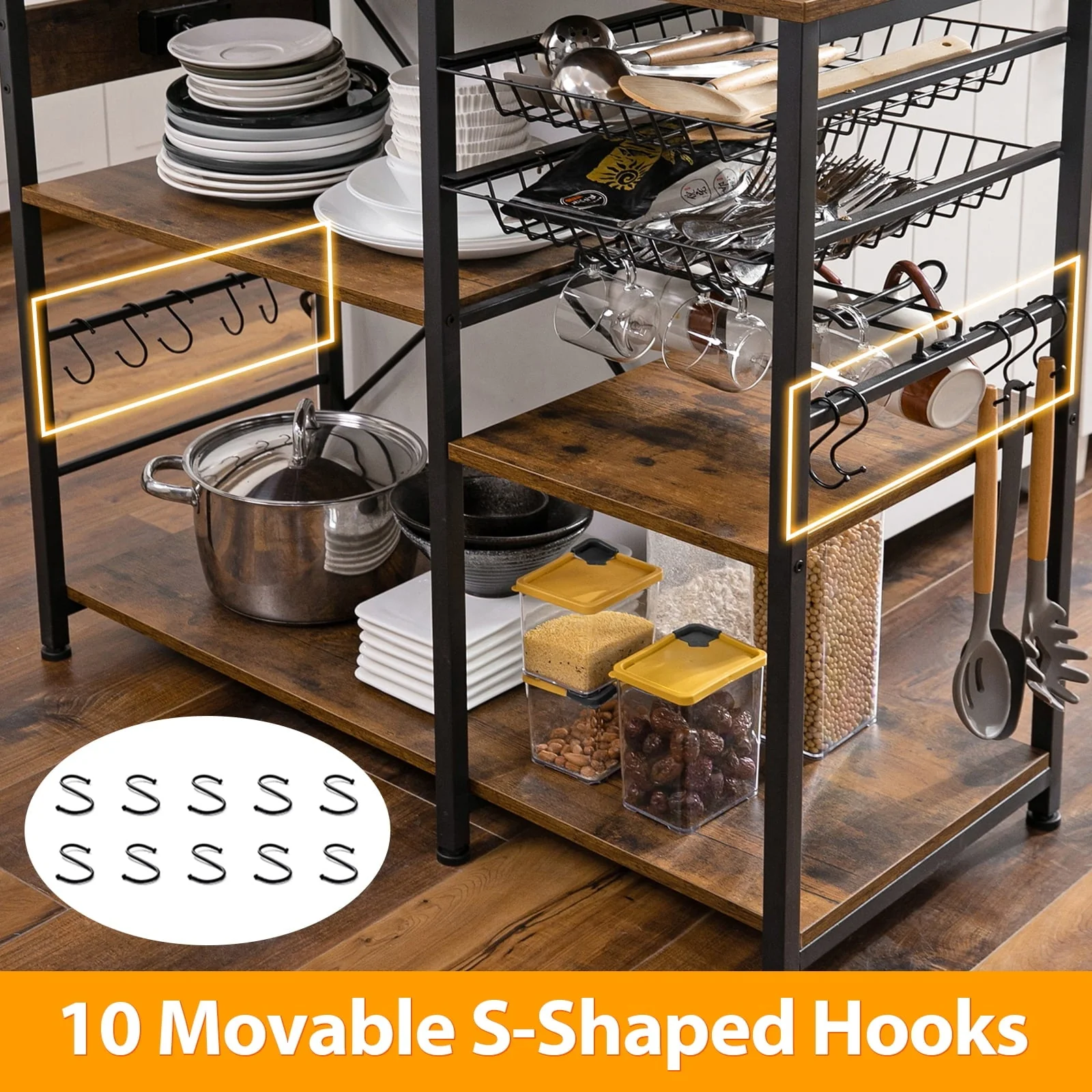 Dinaza Baker's Rack with Power Outlet 4 Tier Microwave Stand with Kitchen Storage Shelf Rack Mug Holder 10 S-Shaped Hooks for Kitchen Living Room Coffee Bar Station