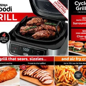 Ninja Foodi 4-in-1 Indoor Grill with 4-qt Air Fryer, Roast, Bake, and Cyclonic Grilling Technology, Black/Stainless AG300
