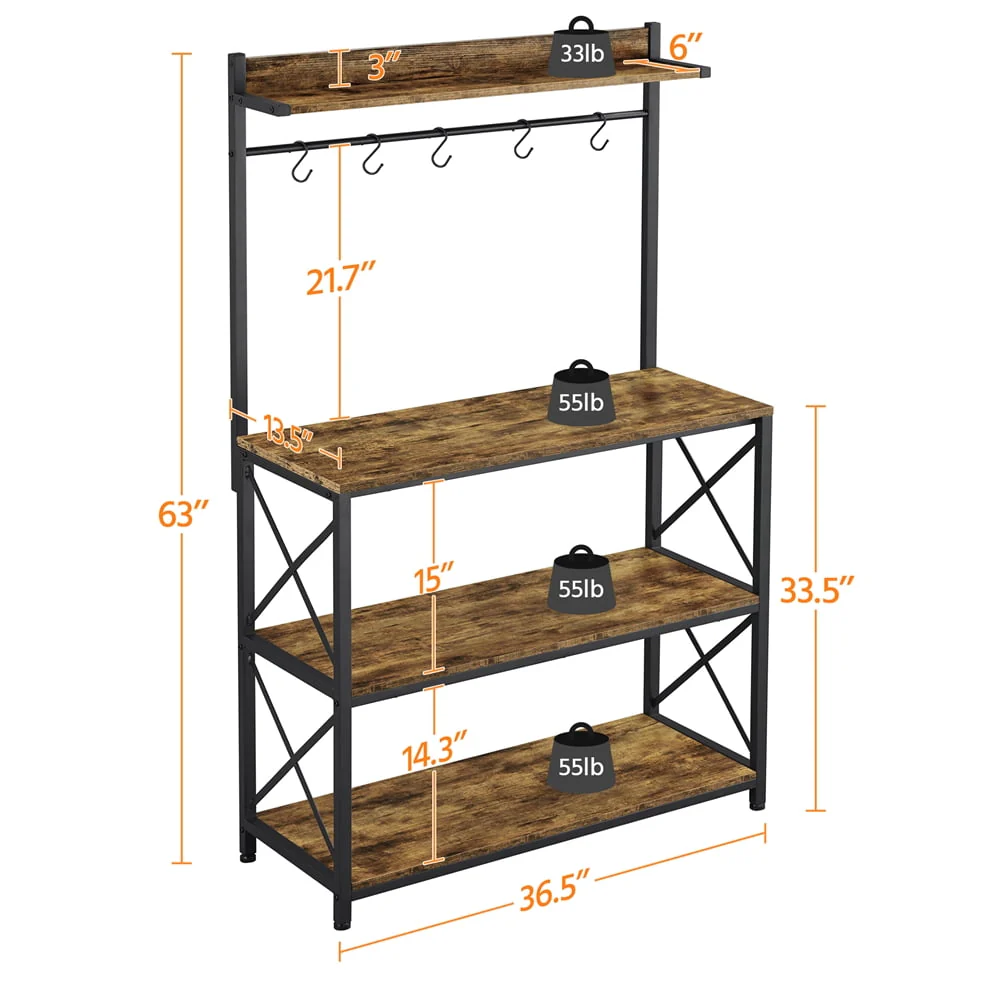 SmileMart 4-Tier Bakers Rack Kitchen Storage Shelf with S-Hooks, Rustic Brown