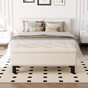 Furniliving Modern Storage Ottoman Bench, Sherpa Ottoman End of Bed Bench with Solid Wood Legs Upholstered Ottoman Benches with Storage Indoor Bench for Living Room with Rolled Arm, Entryway, White