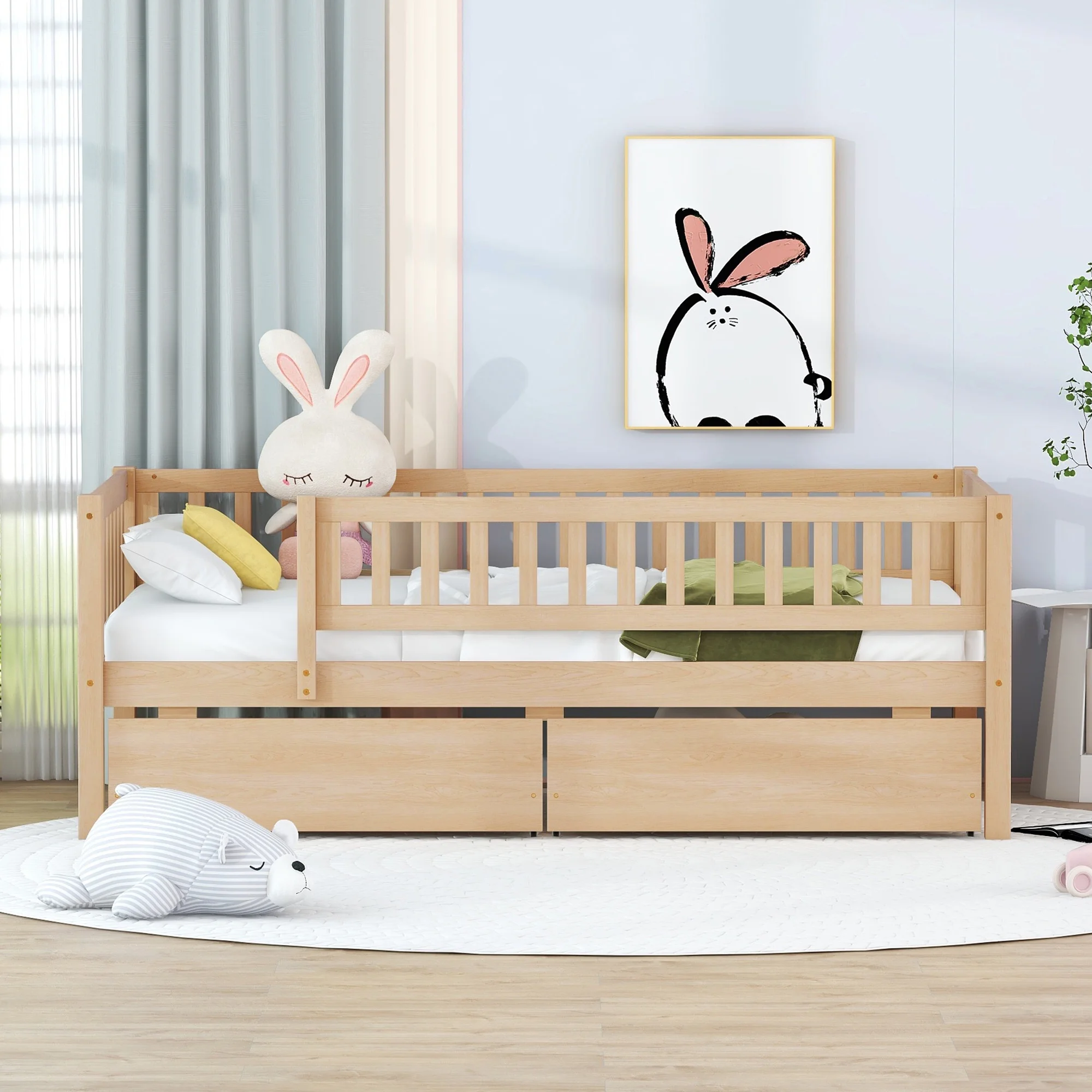 Holaki Twin Size Wood Bed with Guardrails and 2 Storage Drawers for Kids, Gray