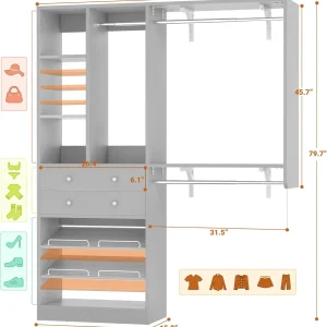 iSunirm 5FT Closet System with Drawers,5FT Closet System with Drawers, 60" Closet Organizer System with 2 Hanging Shelving Perfect Storage Solution for Organizing Your Closet