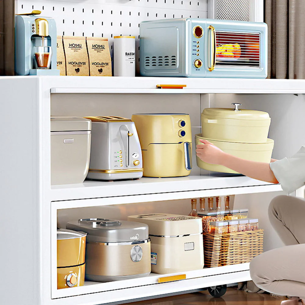Kitchen Storage Rack, Microwave Stand with Flip Door and Pegboard, Large Kitchen Storage Shelves with Wheels & 8 Hooks, Free Standing Kitchen Bakers Rack for Garage Pantry Kitchen Home White