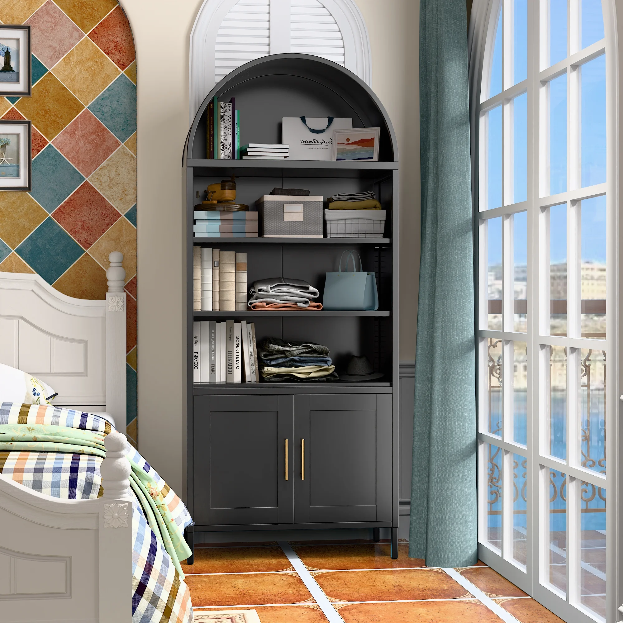 SUXXAN Metal Arched Storage Display Lockable Cabinets with Glass Doors and Adjustable Shelves, Assembly Required, Black