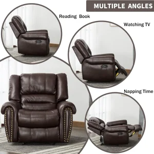 CANMOV Leather Recliner Chair, Classic and Traditional Manual Recliner Chair with Comfortable Arms and Back Single Sofa for Living Room, Nut Brown