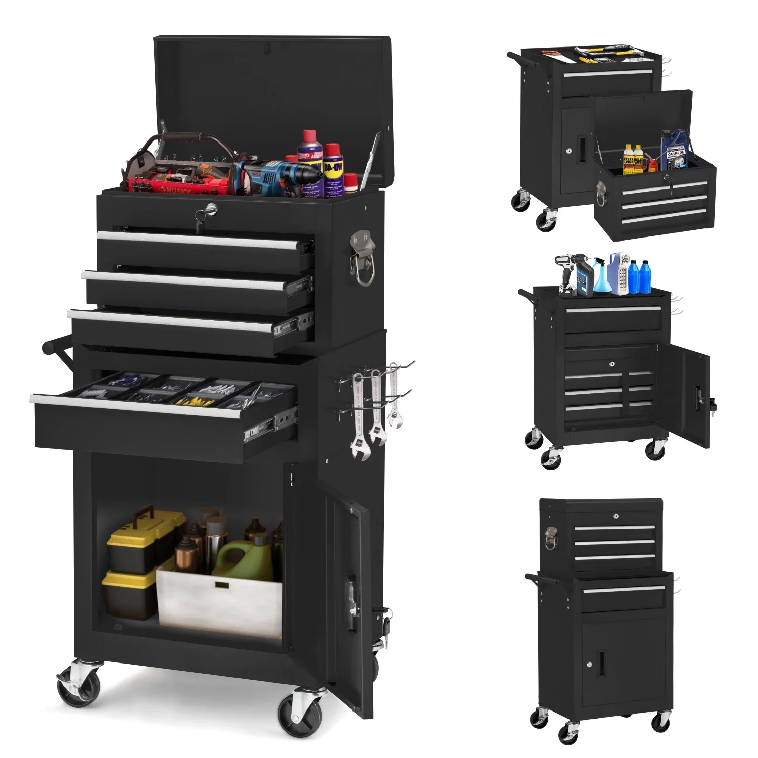 AECOJOY 8-Drawer Rolling Tool Chest, Large Tool Cabinet with Universal Lockable Wheels, Detachable Toolbox Storage for Garage, Repair Shop, Workshop, Black