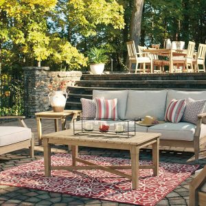 Signature Design by Ashley Clare View Coastal Outdoor Patio Eucalyptus Sofa with Cushions, Beige