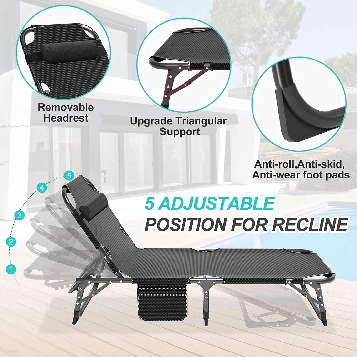 Slsy Folding Lounge Chair, 5-Position Adjustable Outdoor Reclining Chair, Folding Sleeping Bed Cot, Folding Chaise Lounge Chair for Pool Beach Patio Sunbathing