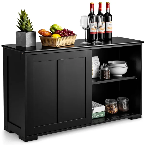 Costway Kitchen Storage Cabinet Sideboard Buffet Cupboard Wood Sliding Door Pantry Black