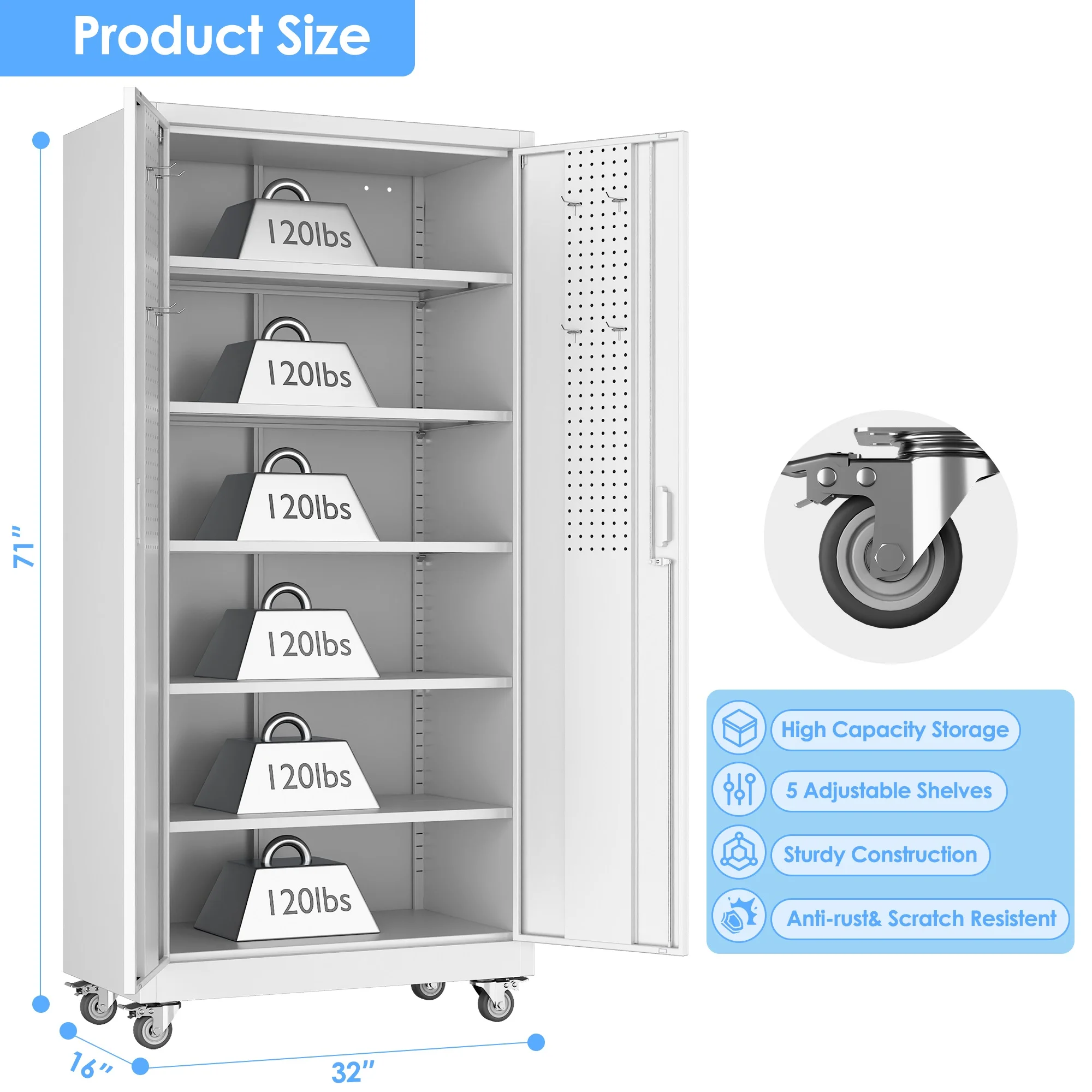 GangMei 71-Inch Metal Lockable Storage Cabinet with Pegboards and 5 adjustable shelves, White, Assembly Required