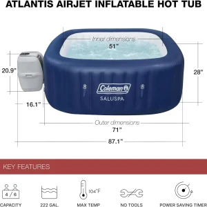 Coleman SaluSpa Atlantis AirJet 4 to 6 Person Inflatable Hot Tub Square Portable Outdoor Spa with 140 Soothing Jets with Cover, Blue