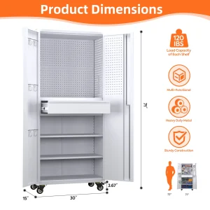 GangMei 71-Inch Metal Lockable Storage Cabinet with Pegboards and 5 adjustable shelves, White, Assembly Required