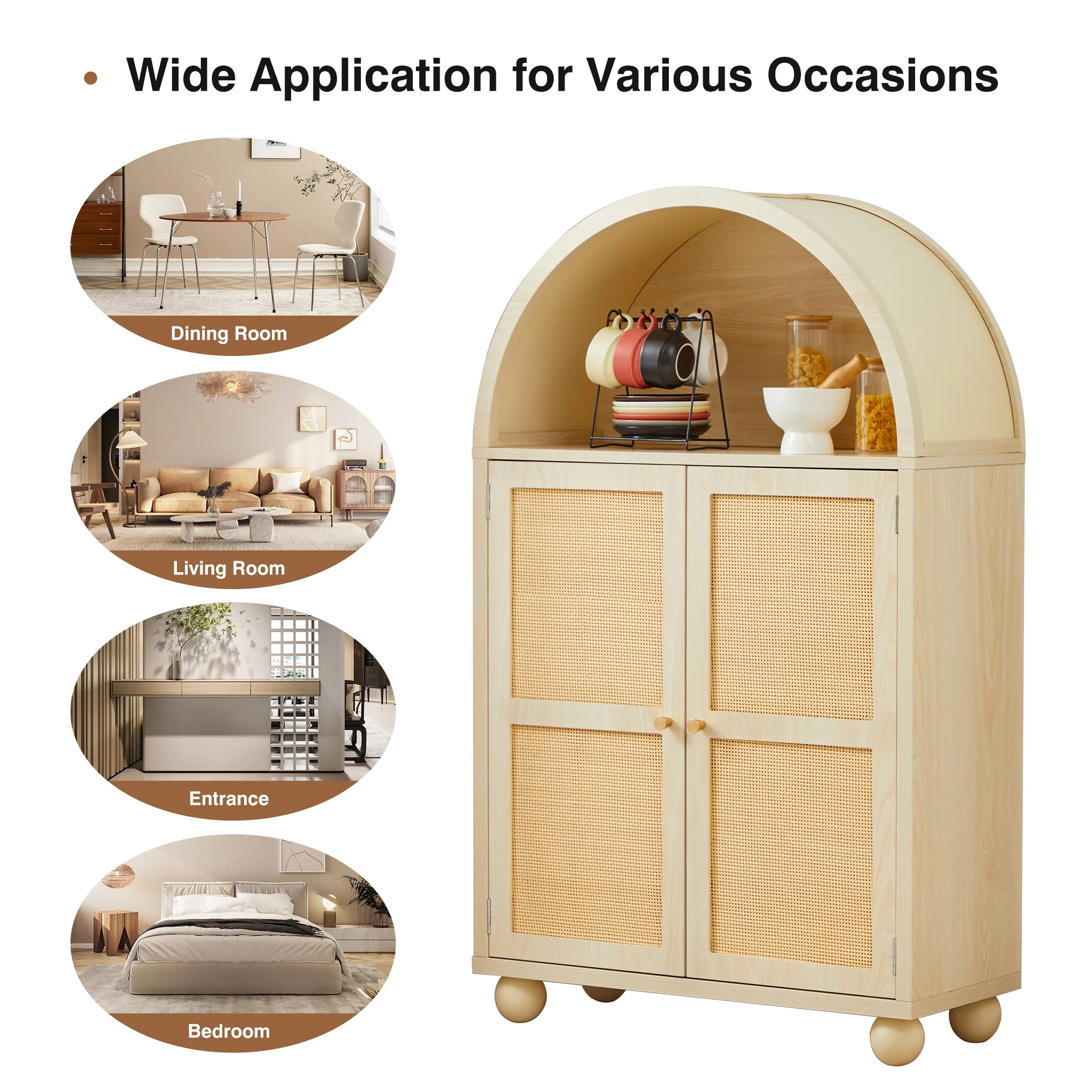 Wirrytor Arched Kitchen Storage Cabinet, Sideboard Buffet Cabinet with 2-Tier and 2 Doors, Black Sideboard, Kitchen Pantry Cabinet, Wooden Storage Cabinet for Living Room
