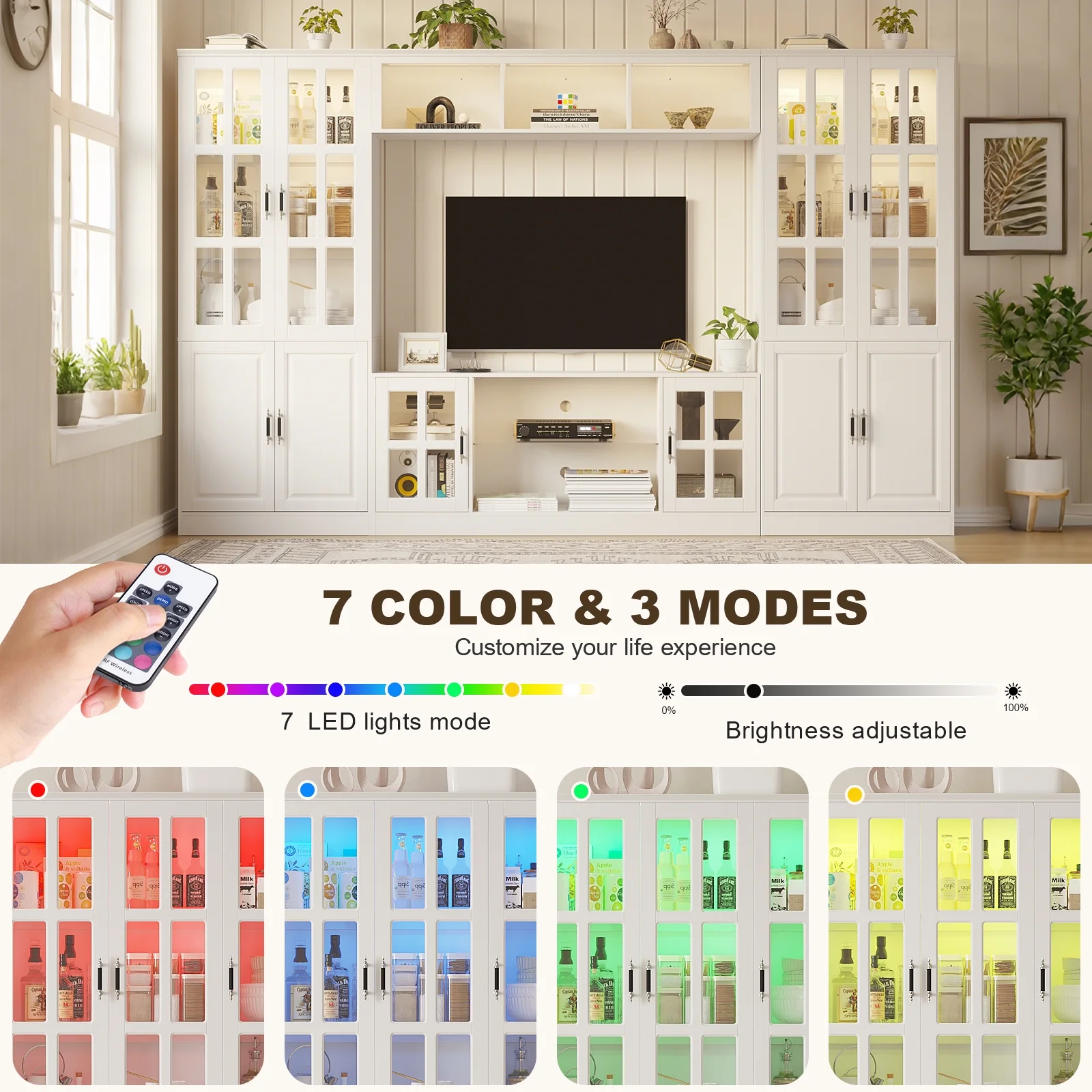 MEISSALIVVE 4-Piece Wall Unit TV Stand with Storage & LED Lights for TVs up to 75", Modern Entertainment Center with Bookshelves & 8-Door Pantry Cabinet, Gray