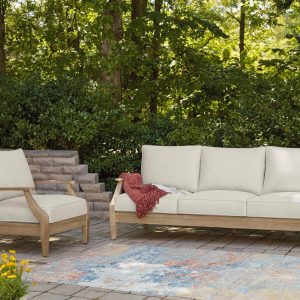 Signature Design by Ashley Clare View Coastal Outdoor Patio Eucalyptus Sofa with Cushions, Beige