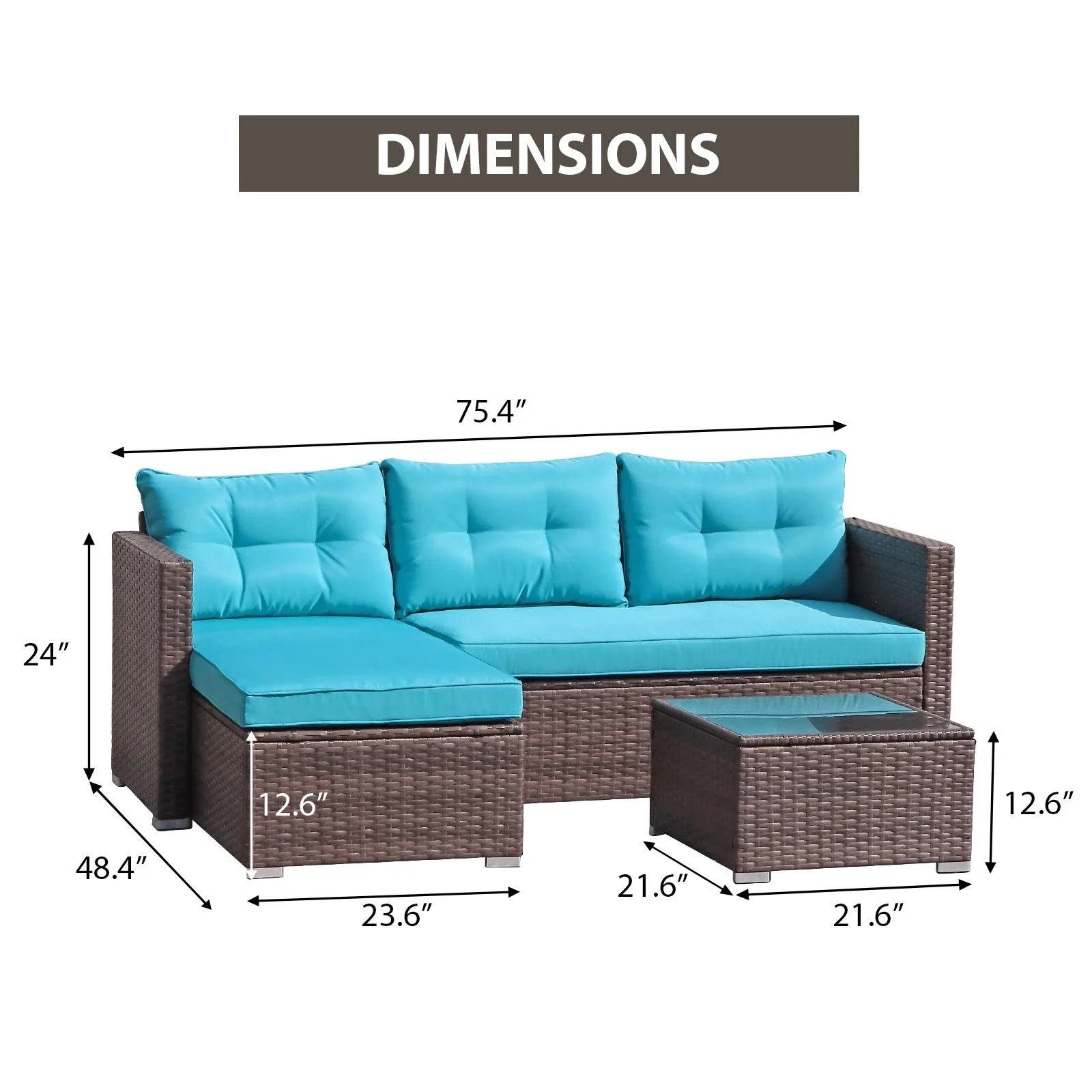 JOIVI 3 Pieces Patio Conversation Set, PE Wicker Rattan Outdoor Furniture Set, 2 Ways Small Sectional Sofa, Tempered Glass Coffee Table, Silver-Gray