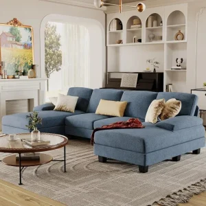 Furmax Sectional Couches for Living Room, U-Shaped Sofa Couch with Linen Fabric, 4 Seat Sofa Set with Double Chaise for Apartment (Fabric, Grey)