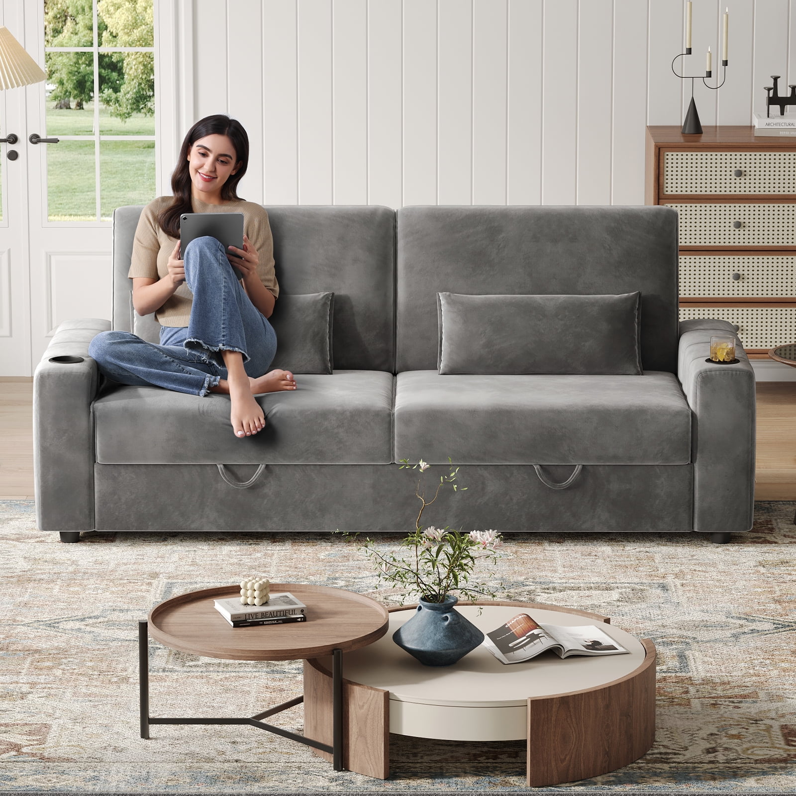 87-Large Loveseat Sofa, 3 Seater Couch with Storage, Velvet Fabric Deep Seat Sofa with Pillow& Cup Holders, Modern Comfy Sofa with USB& Type-C Ports, Home Sofa Couch for Living Room Bedroom