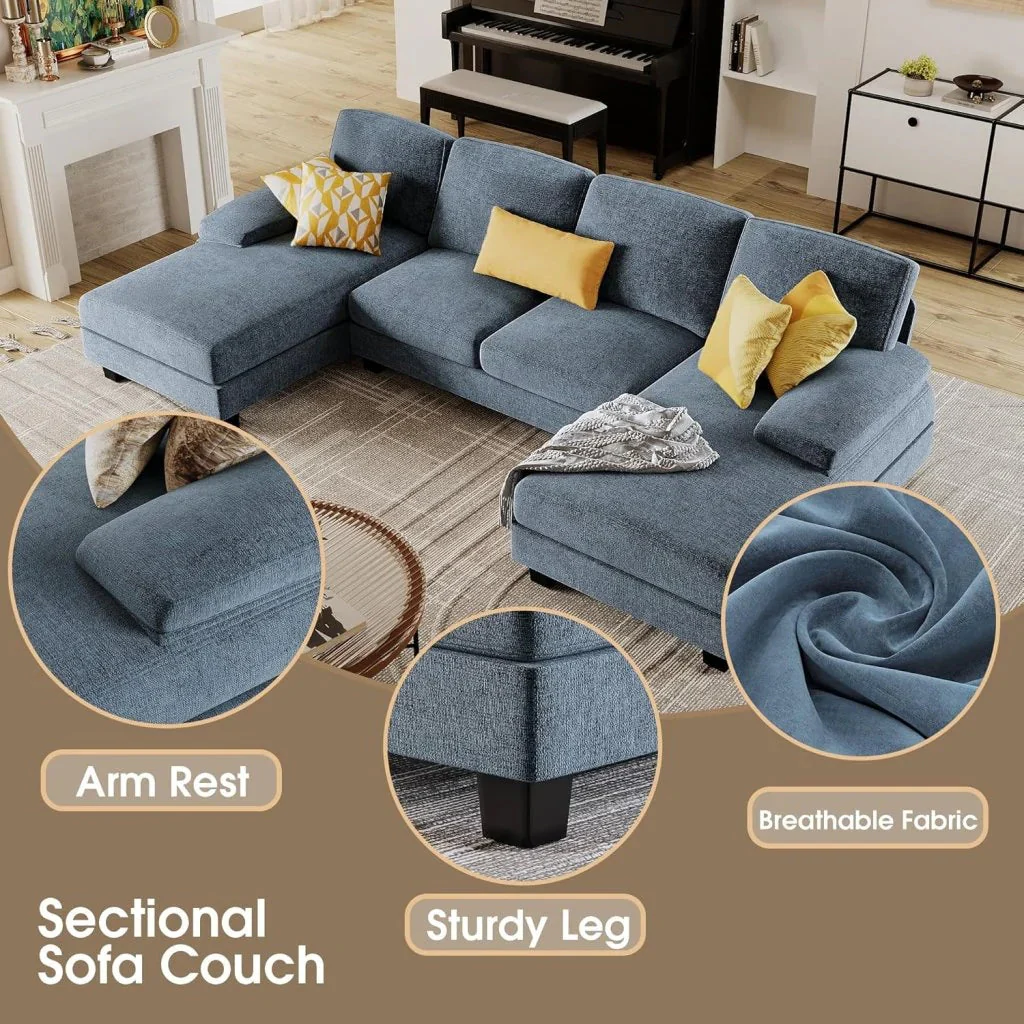 Furmax Sectional Couches for Living Room, U-Shaped Sofa Couch with Linen Fabric, 4 Seat Sofa Set with Double Chaise for Apartment (Fabric, Grey)