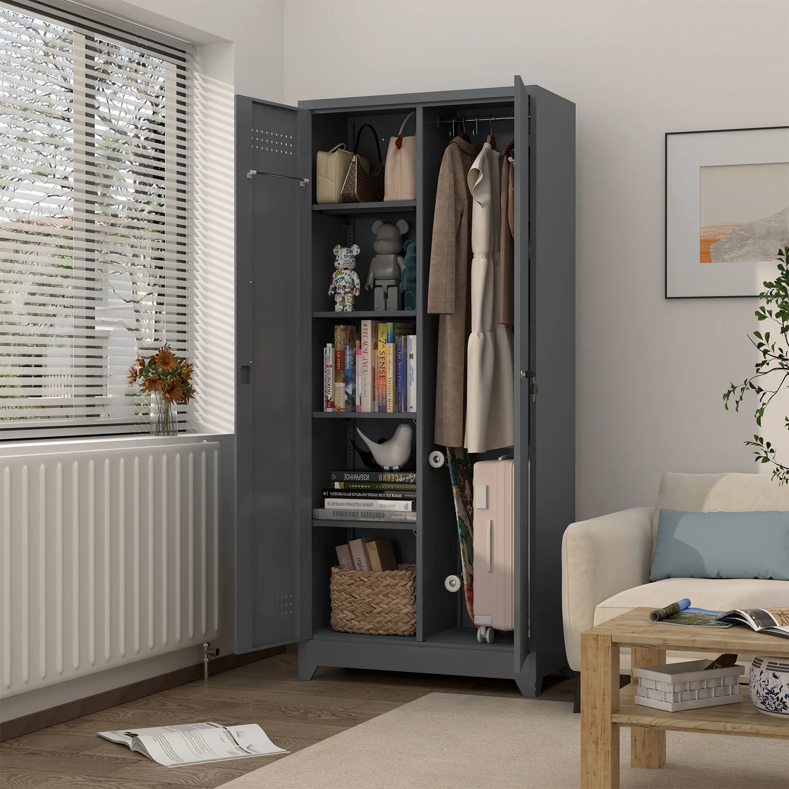 Marcree Broom Closet with Locking Doors,72.8-H Cleaning Tool Storage Cabinet with Hanging Rod & Hooks,Heavy-Duty Tool Garage Storage Cabinet for Utility Room,Grey