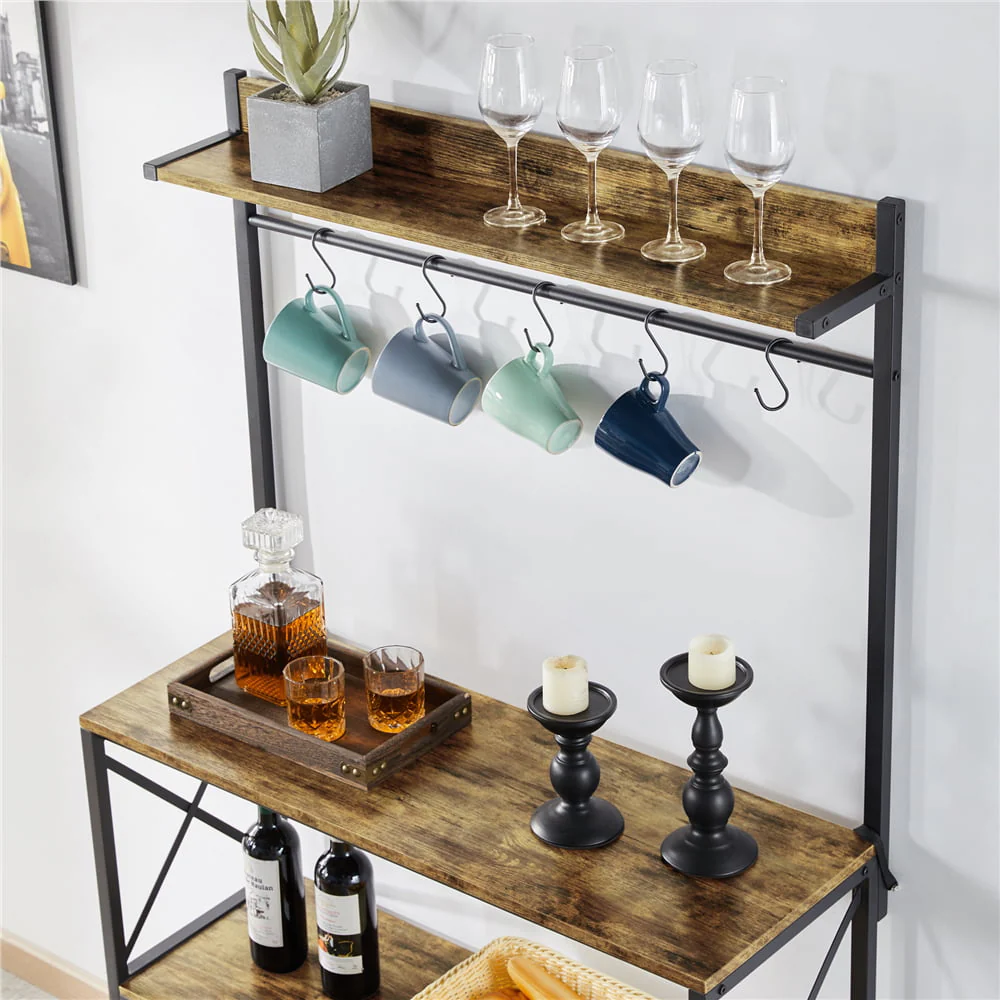 SmileMart 4-Tier Bakers Rack Kitchen Storage Shelf with S-Hooks, Rustic Brown