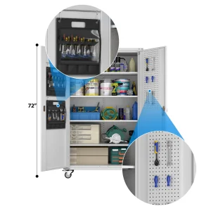 GangMei 71-Inch Metal Lockable Storage Cabinet with Pegboards and 5 adjustable shelves, White, Assembly Required
