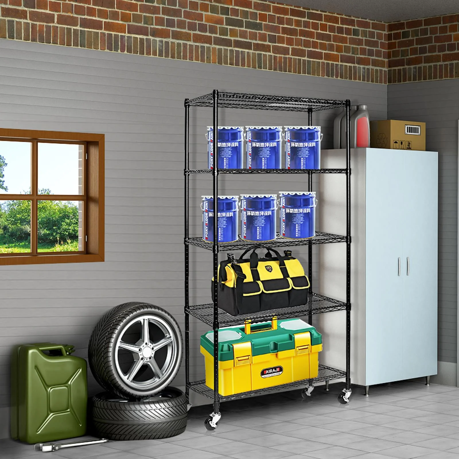 Ktaxon 4 Tier Wire Shelving with Wheels, 46"W x 17.7"D x 65"H Multifunctional Storage Rack Metal Garage Shelves Organizer, Capacity for 800lbs, Black